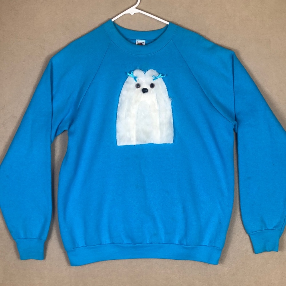 Vintage Fruit of the‎ Loom Fuzzy Furry White Dog Sweater Women’s Size XL